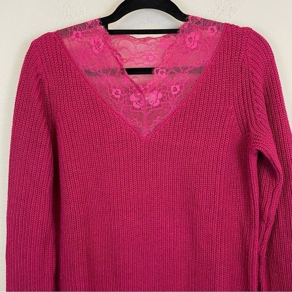 Sundance Magenta Pink V Neck Lace Trim Cotton Blend Pullover Sweater Small - Picture 5 of 9